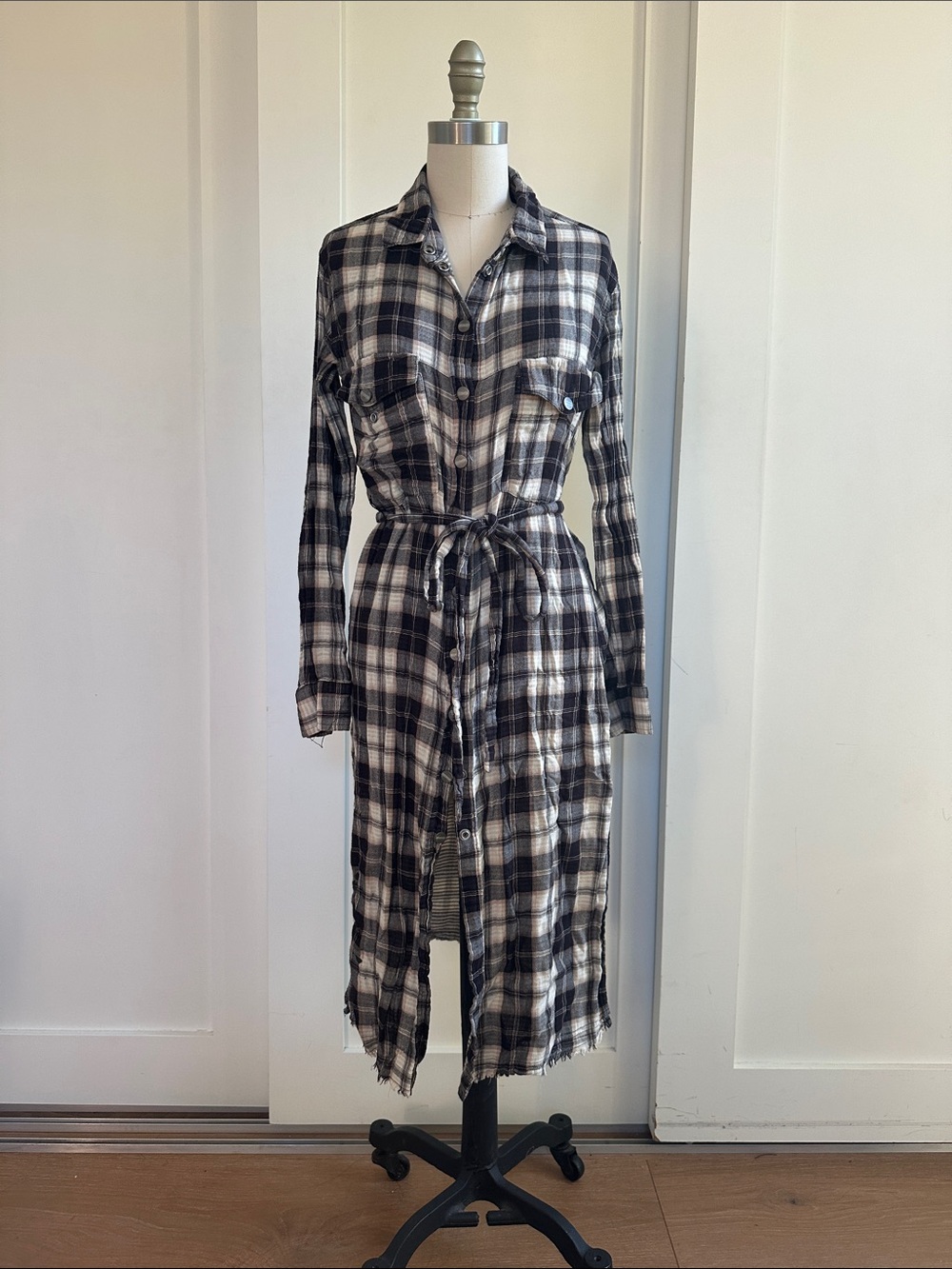 Long Sleeve Plaid Shirt Dress with Tie Waist